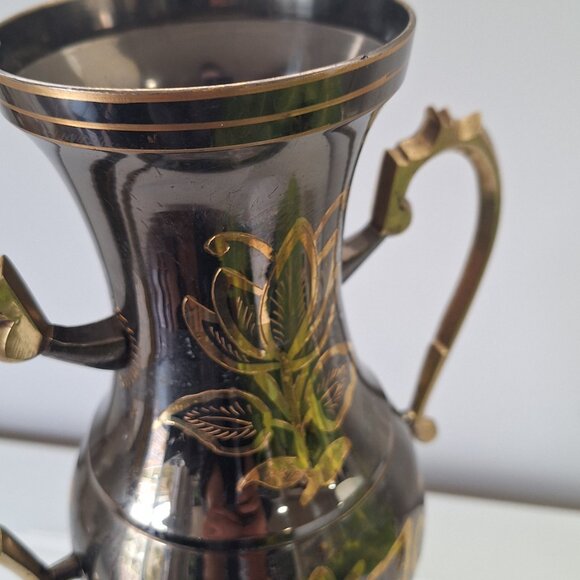 Vintage 12" Brass Vase Large w Handles ornate etched 2 tone black trophy style - Picture 3 of 3